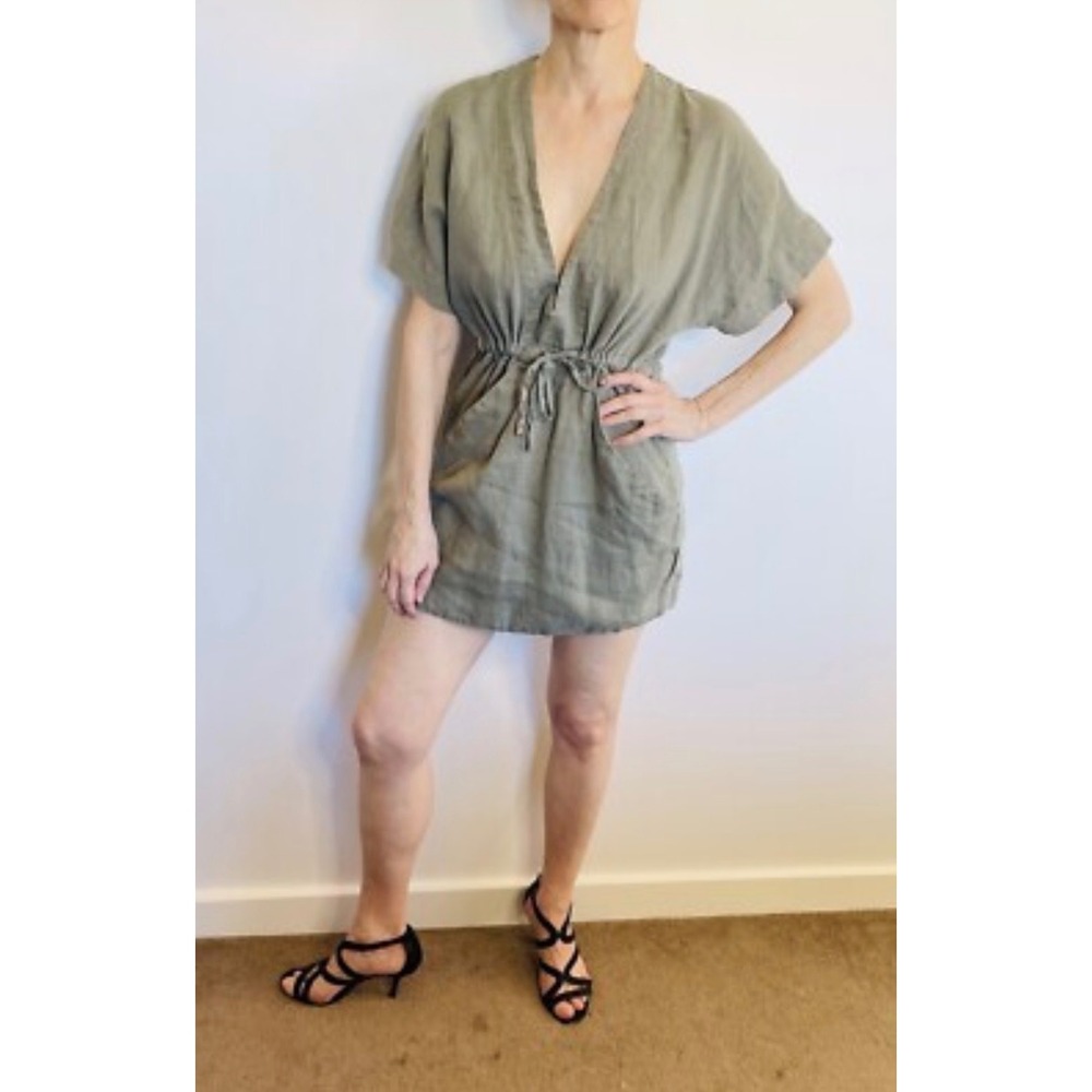 Venroy Womens 100% Linen Drawstring Waist V-Neck Mini Dress Sage Green XS